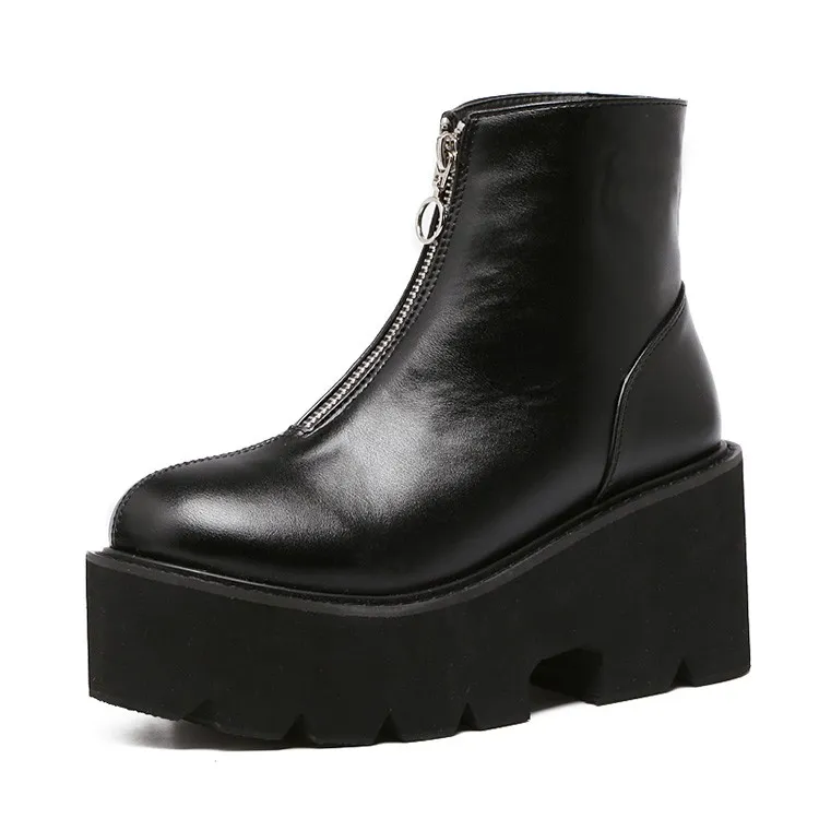 Black Zipper Punk Rock Chunky Block Dress Boots