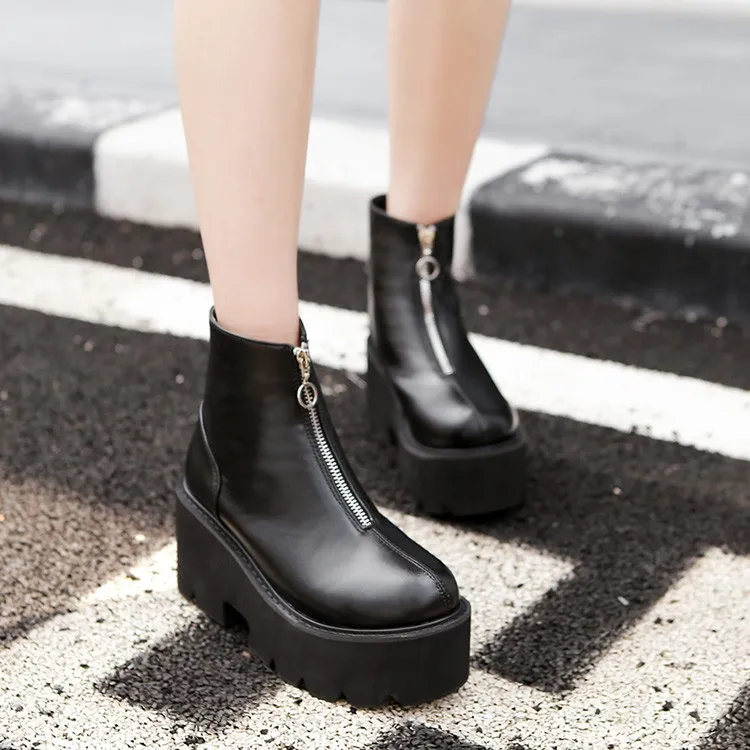 Black Zipper Punk Rock Chunky Block Dress Boots