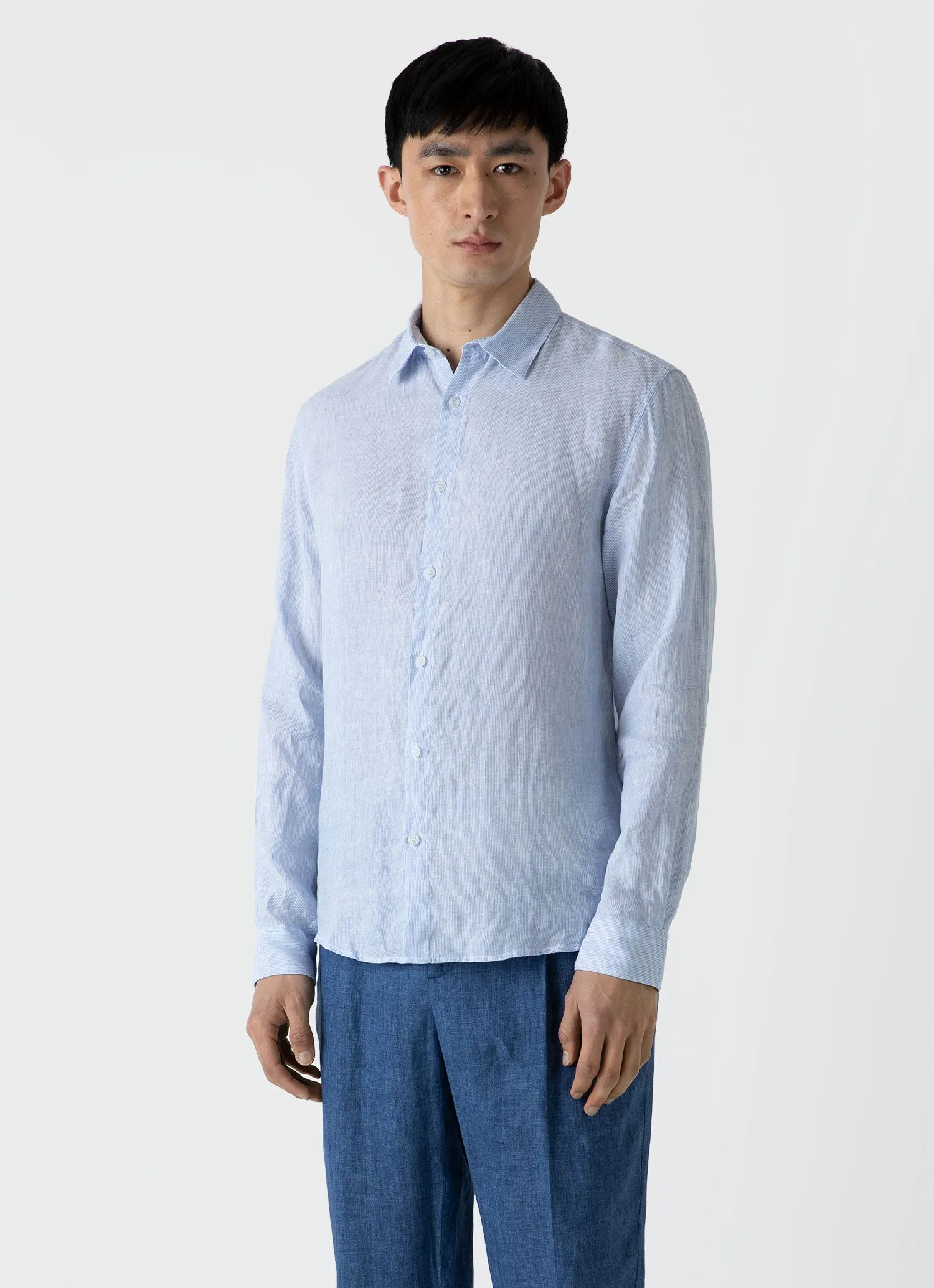 Blue Micro-Stripe Linen Shirt for Men