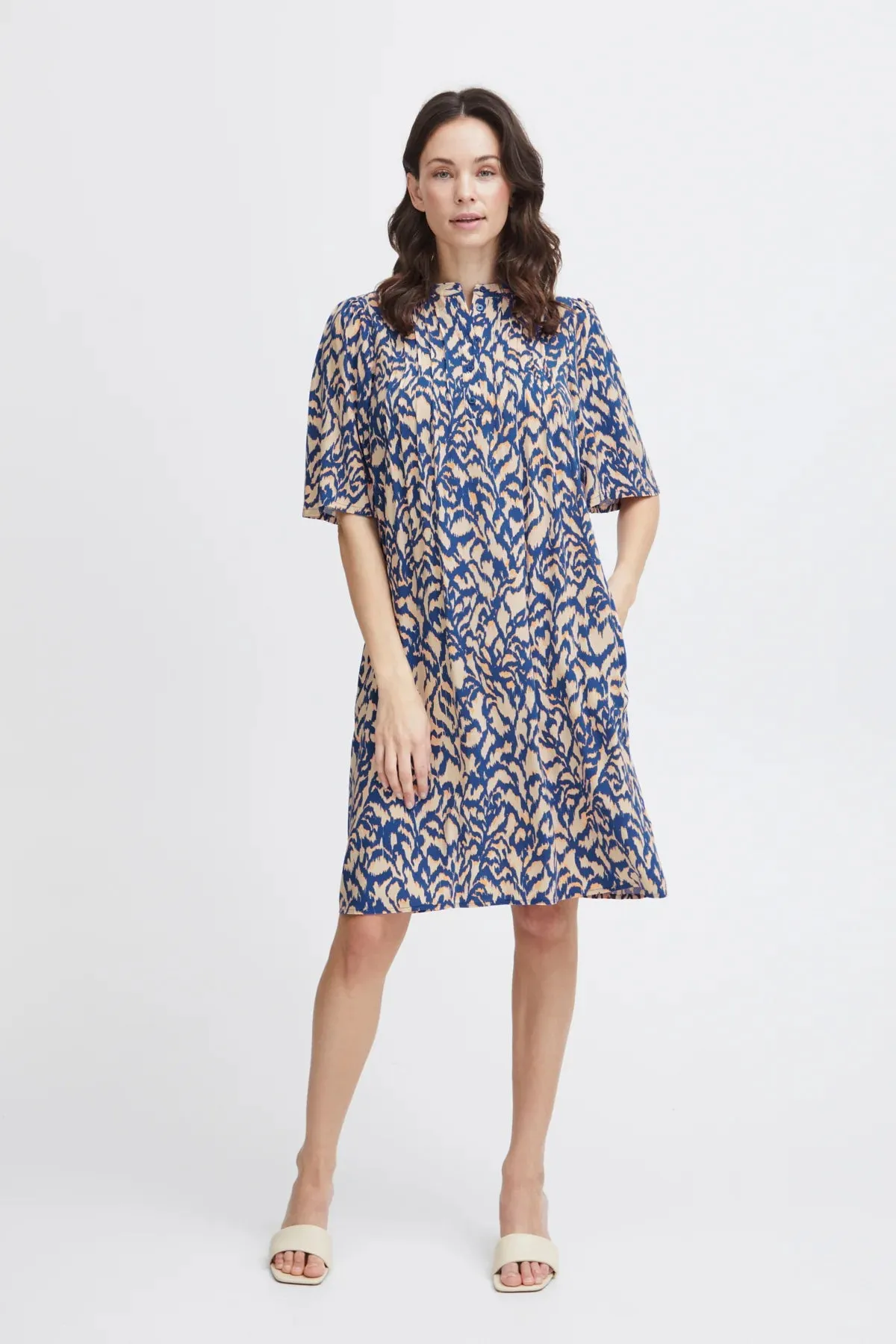 Blue Summer Dress Fransa Mandarin Collar Short Sleeved