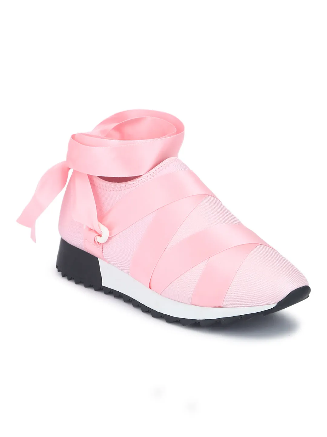 Blush Lycra Lace-Up Slip-On Sneakers