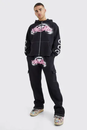 Boxy Worldwide Graffiti Cargo Tracksuit | boohooMAN UK