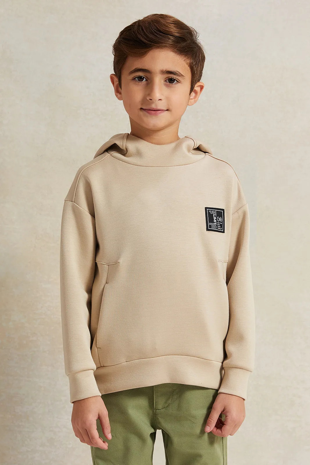 Boys Beige Soft Fabric Hooded Sweatshirt