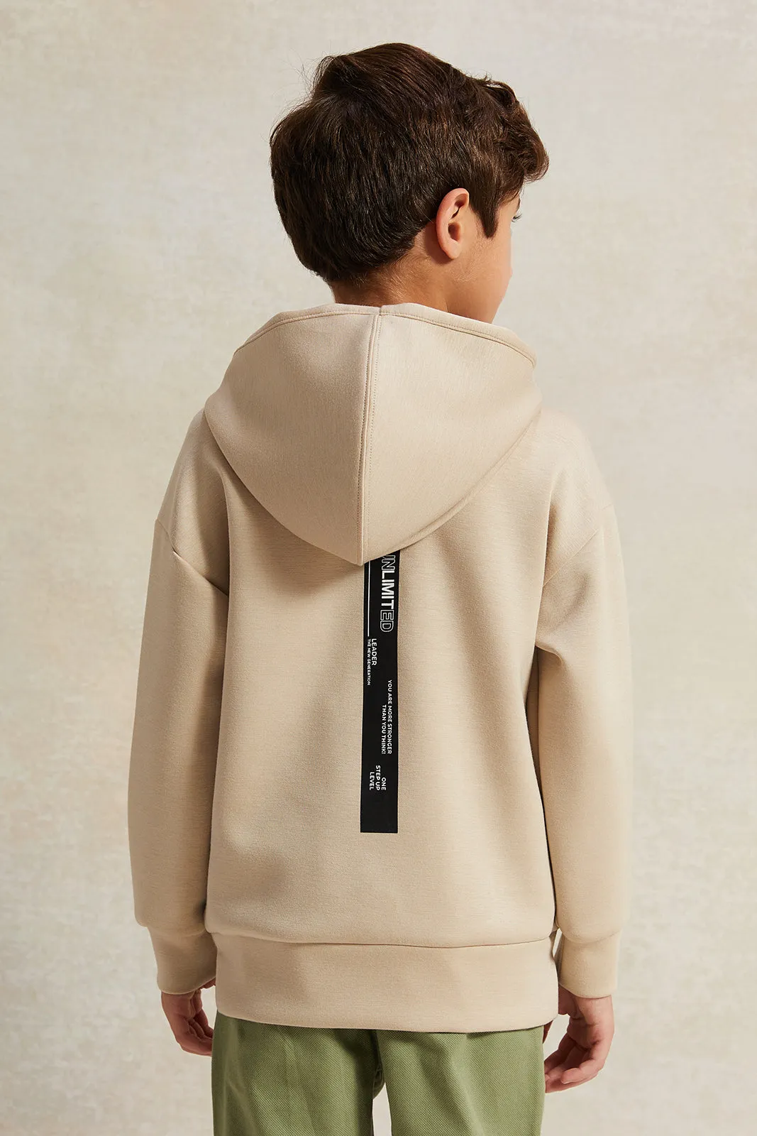 Boys Beige Soft Fabric Hooded Sweatshirt