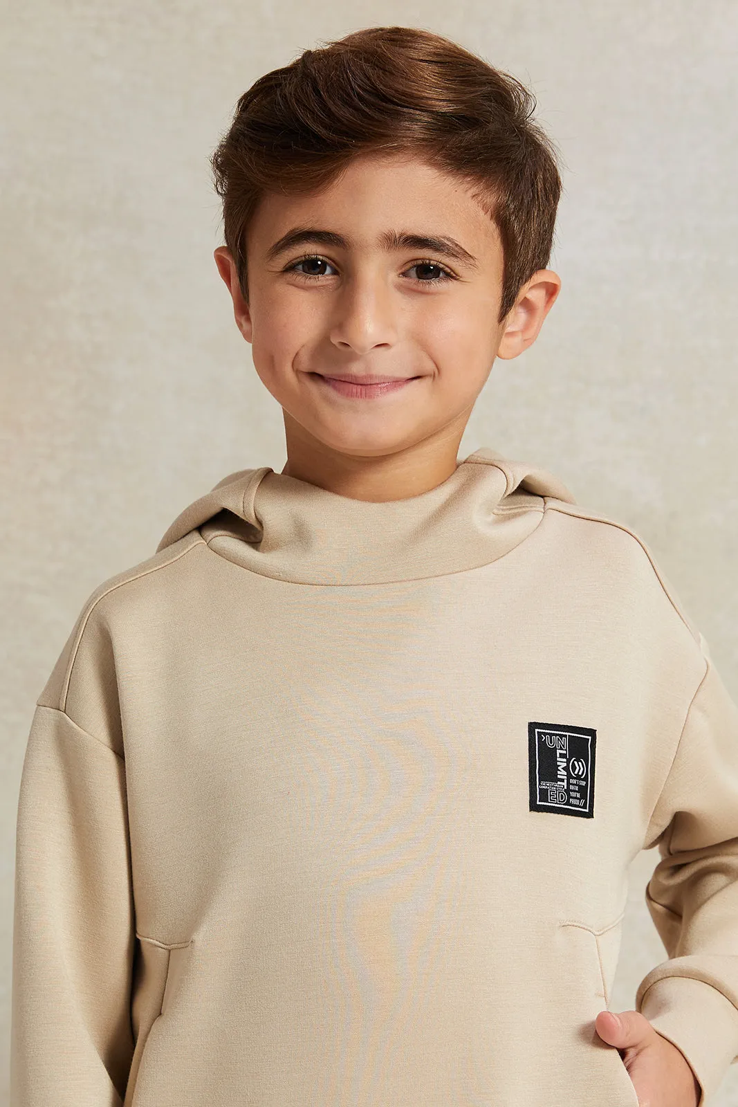 Boys Beige Soft Fabric Hooded Sweatshirt