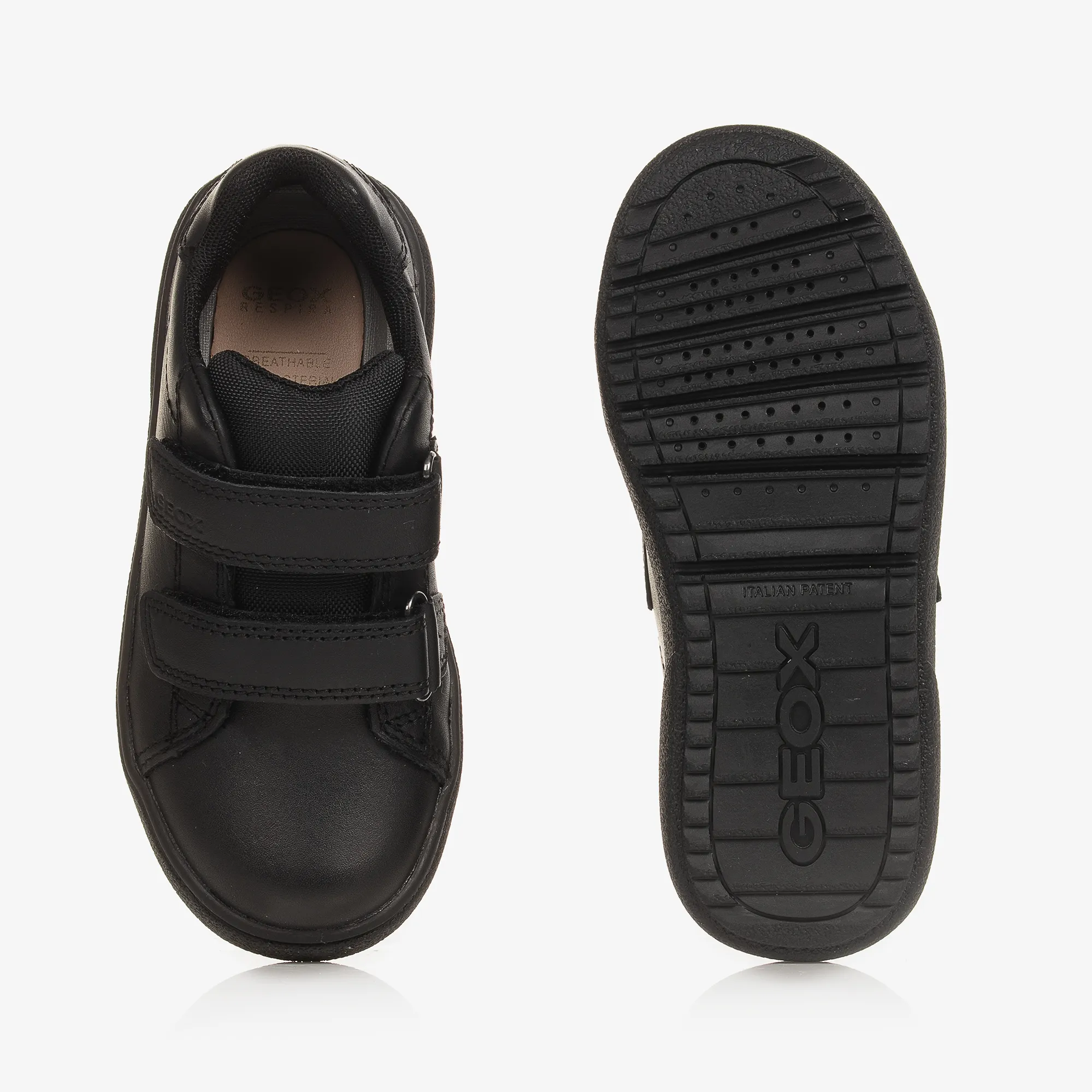 Boys Black Leather Velcro Trainers