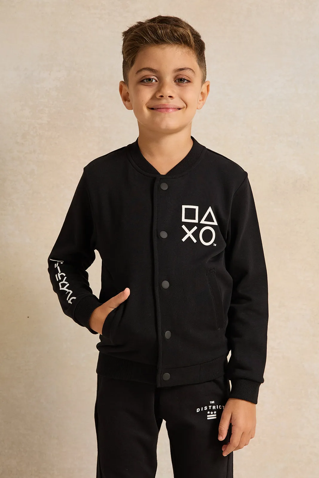 Boys Black Printed Front Button Sweatshirt