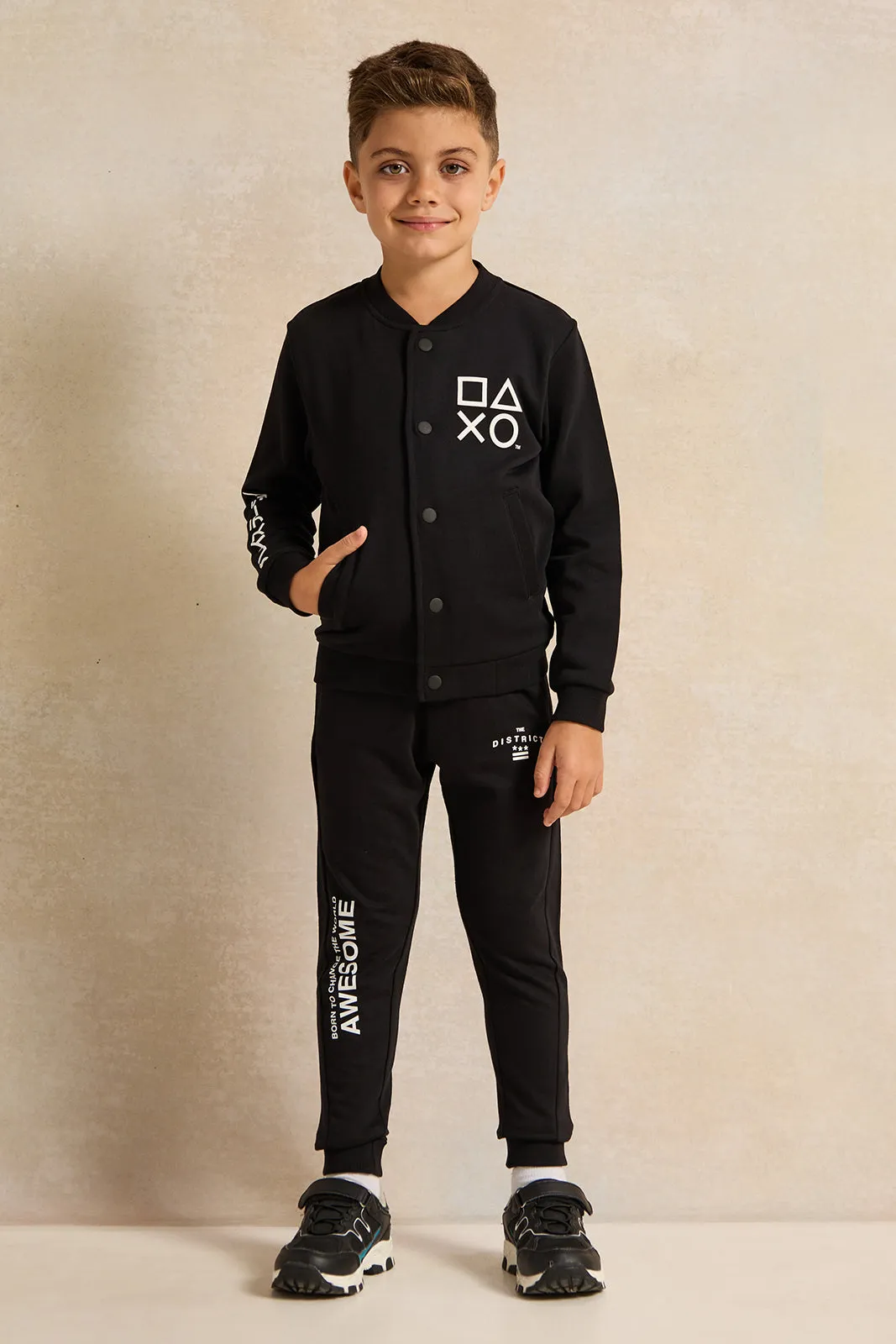 Boys Black Printed Front Button Sweatshirt