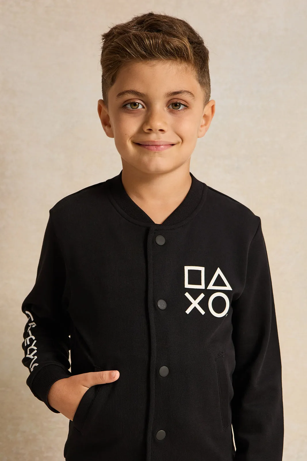 Boys Black Printed Front Button Sweatshirt