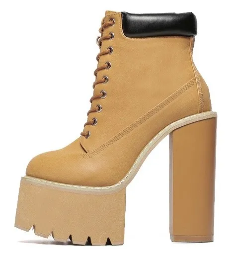 Brown Camel Khaki Lace-Up Chunky Sole Platforms