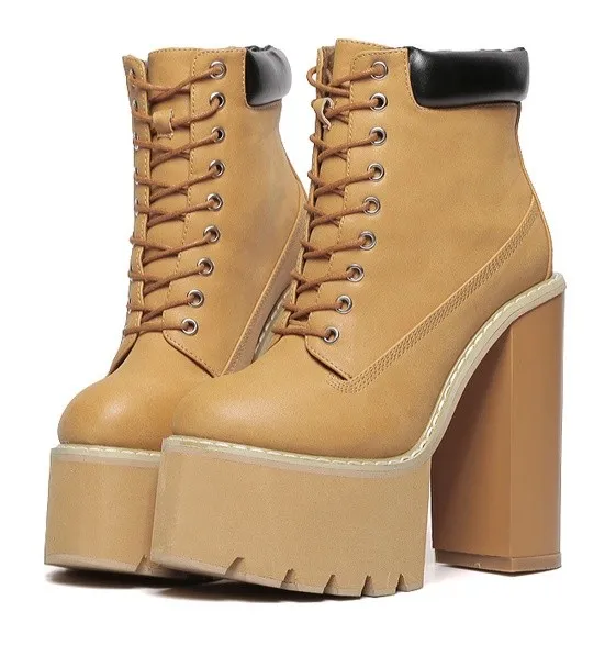 Brown Camel Khaki Lace-Up Chunky Sole Platforms