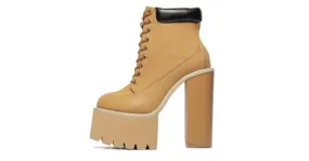 Brown Camel Khaki Lace-Up Chunky Sole Platforms