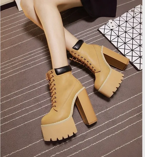 Brown Camel Khaki Lace-Up Chunky Sole Platforms