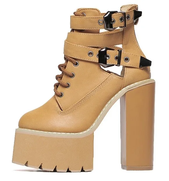 Brown camel khaki punk rock chunky sole block high heels platform boots shoes with straps