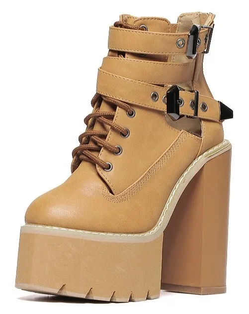 Brown camel khaki punk rock chunky sole block high heels platform boots shoes with straps