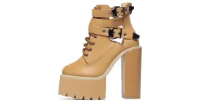 Brown camel khaki punk rock chunky sole block high heels platform boots shoes with straps