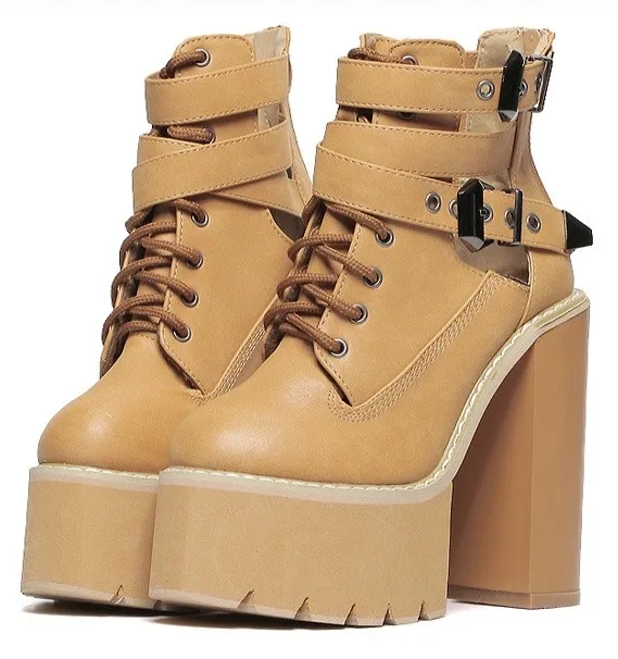 Brown camel khaki punk rock chunky sole block high heels platform boots shoes with straps