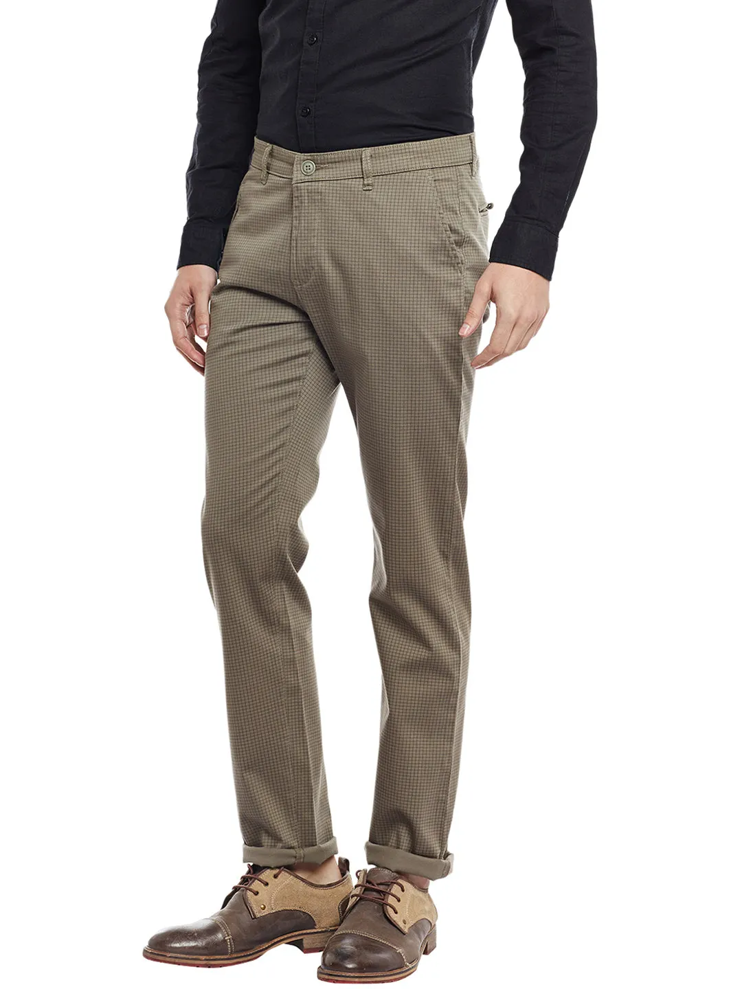 Brown Checked Cotton Slim Fit Chinos for Men