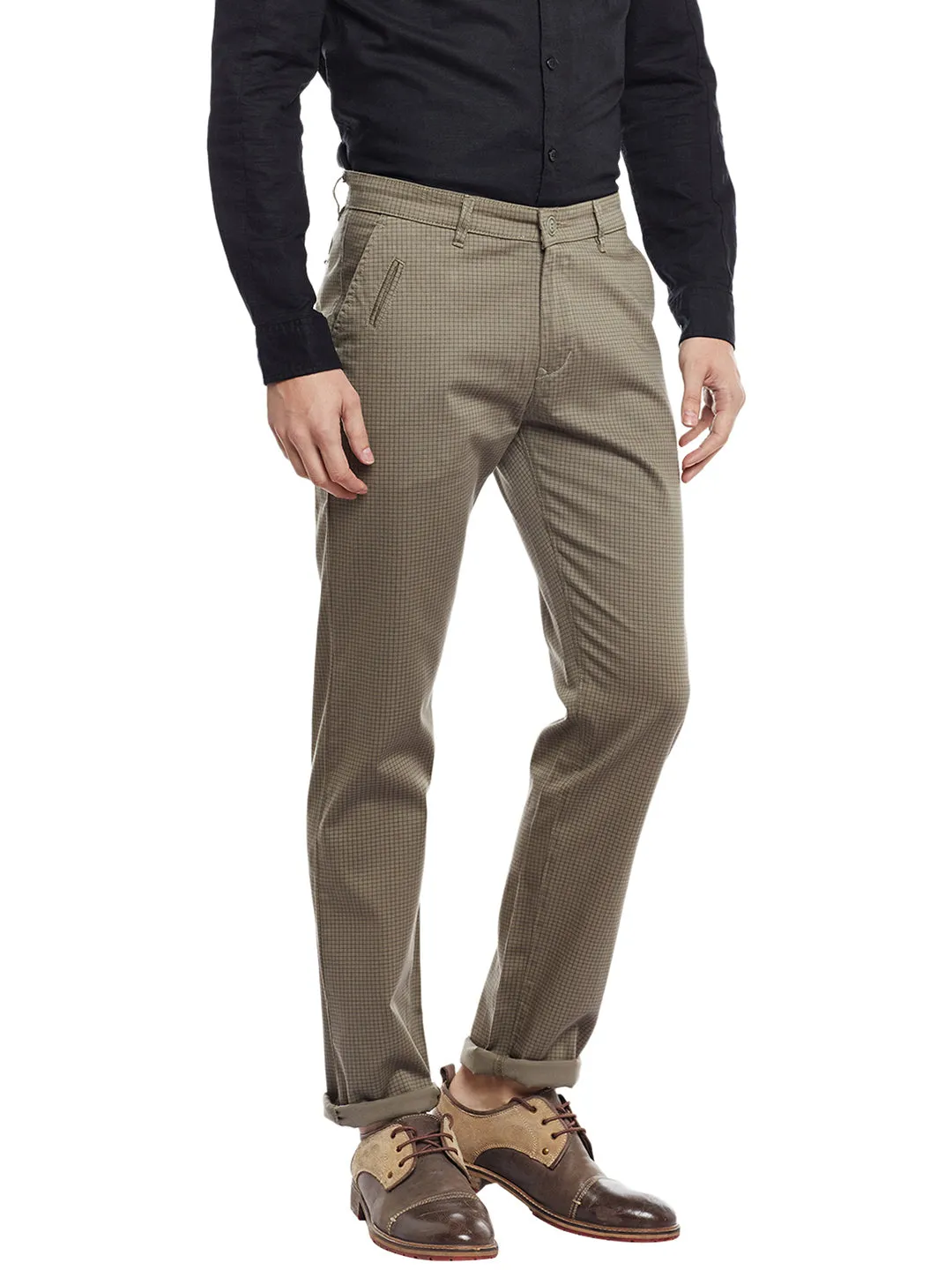 Brown Checked Cotton Slim Fit Chinos for Men