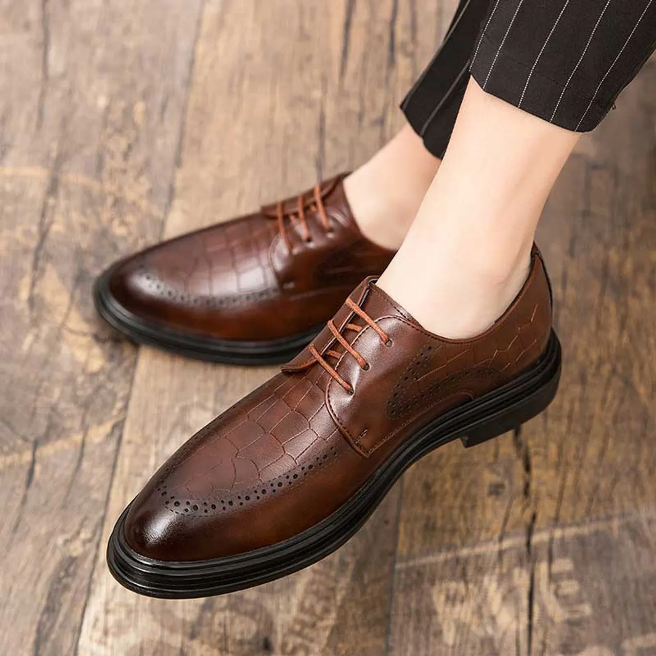 Brown croc skin pattern retro brogue derby dress shoe 2169