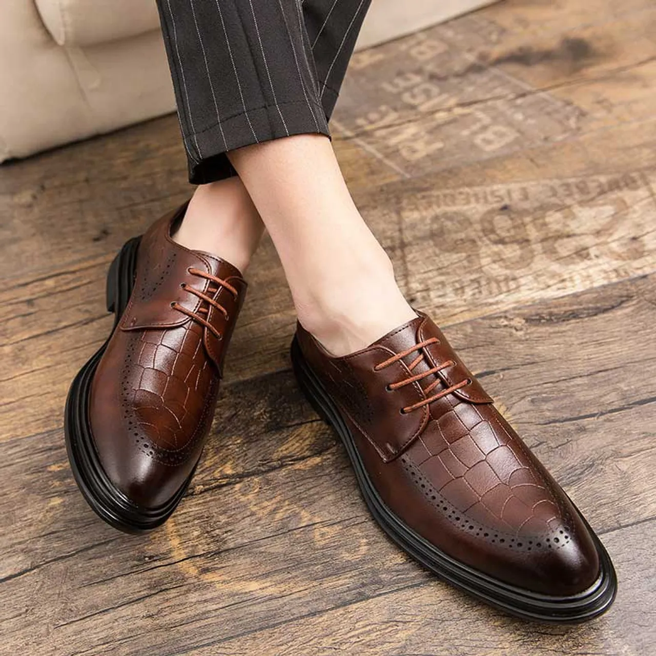 Brown croc skin pattern retro brogue derby dress shoe 2169