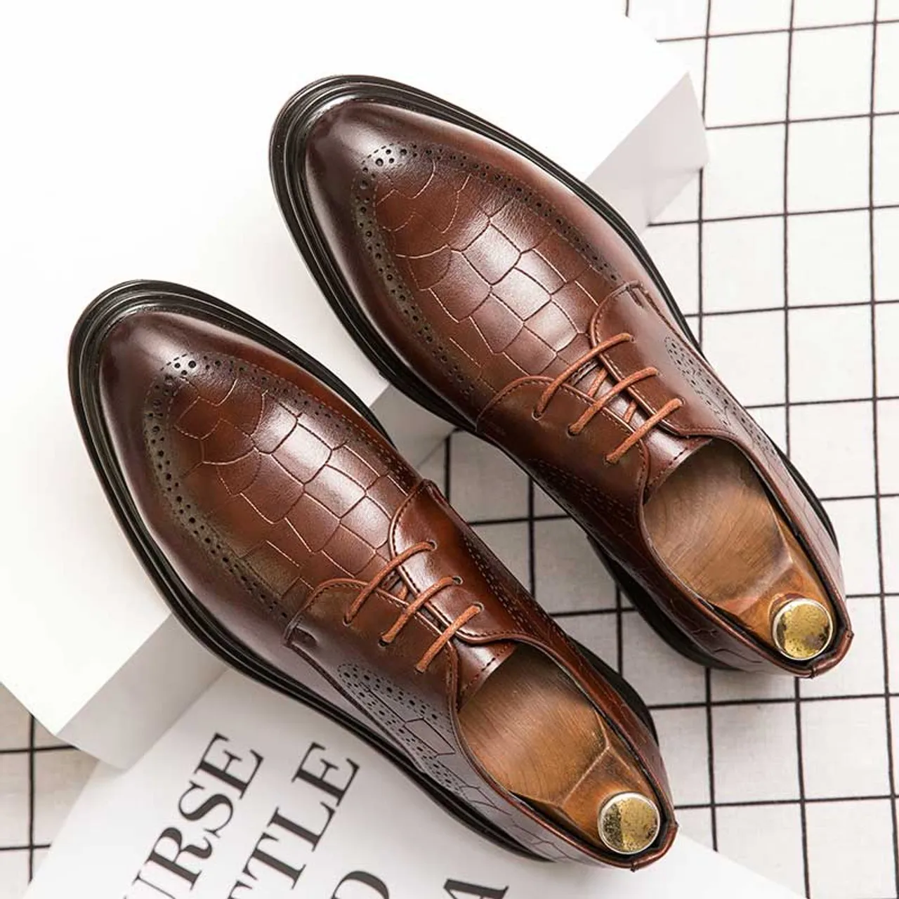 Brown croc skin pattern retro brogue derby dress shoe 2169