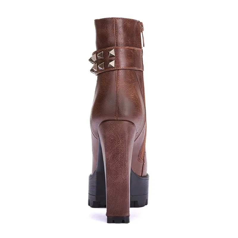 Brown Leather Studs High Top Block Combats Military Boots