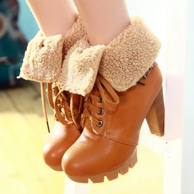 Brown Lace-Up High Heel Combat Boots