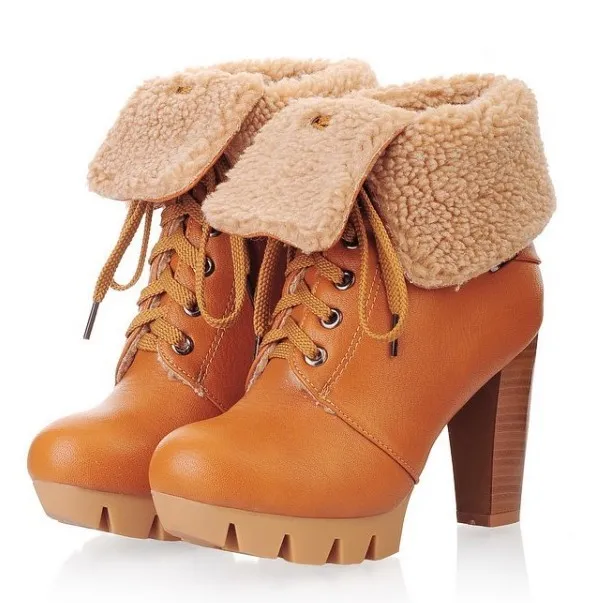 Brown Lace-Up High Heel Combat Boots