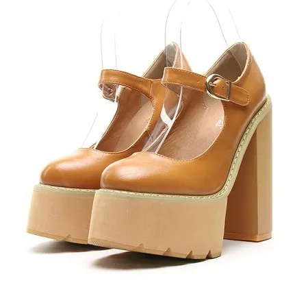 Brown Yellow Camel Mary Jane Round-Toed Punk Rock Platforms High Heels