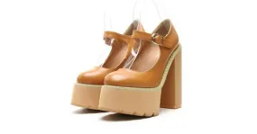 Brown Yellow Camel Mary Jane Round-Toed Punk Rock Platforms High Heels