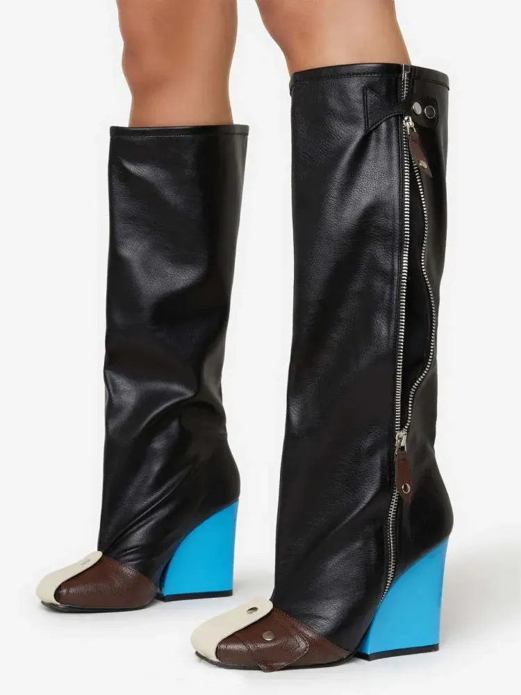 Buckle Knee High Boots Zipper Closure Wedge Heel Shoes