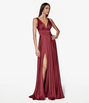 Burgundy Satin A-Line Bridesmaid Dress - Cinderella Divine Glamour