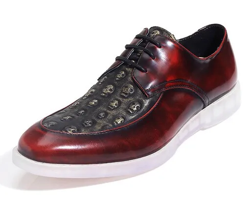 Burgundy Skulls Embossed Leather Gothic Lace Up Mens Oxfords Dress Shoes