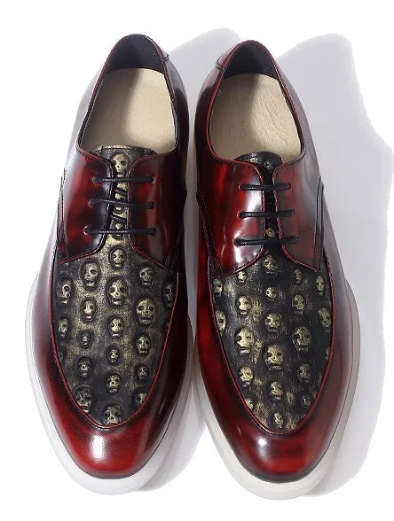 Burgundy Skulls Embossed Leather Gothic Lace Up Mens Oxfords Dress Shoes