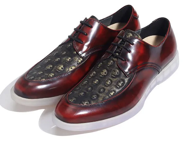 Burgundy Skulls Embossed Leather Gothic Lace Up Mens Oxfords Dress Shoes