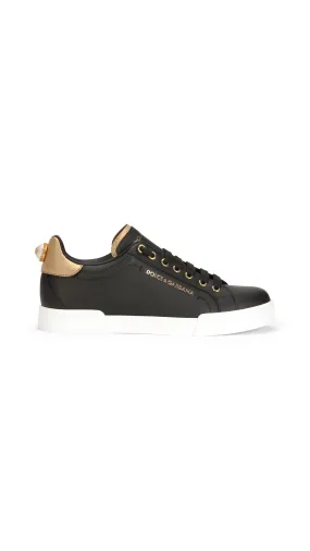 Calfskin Nappa Portofino Sneakers - Black/Gold with Lettering