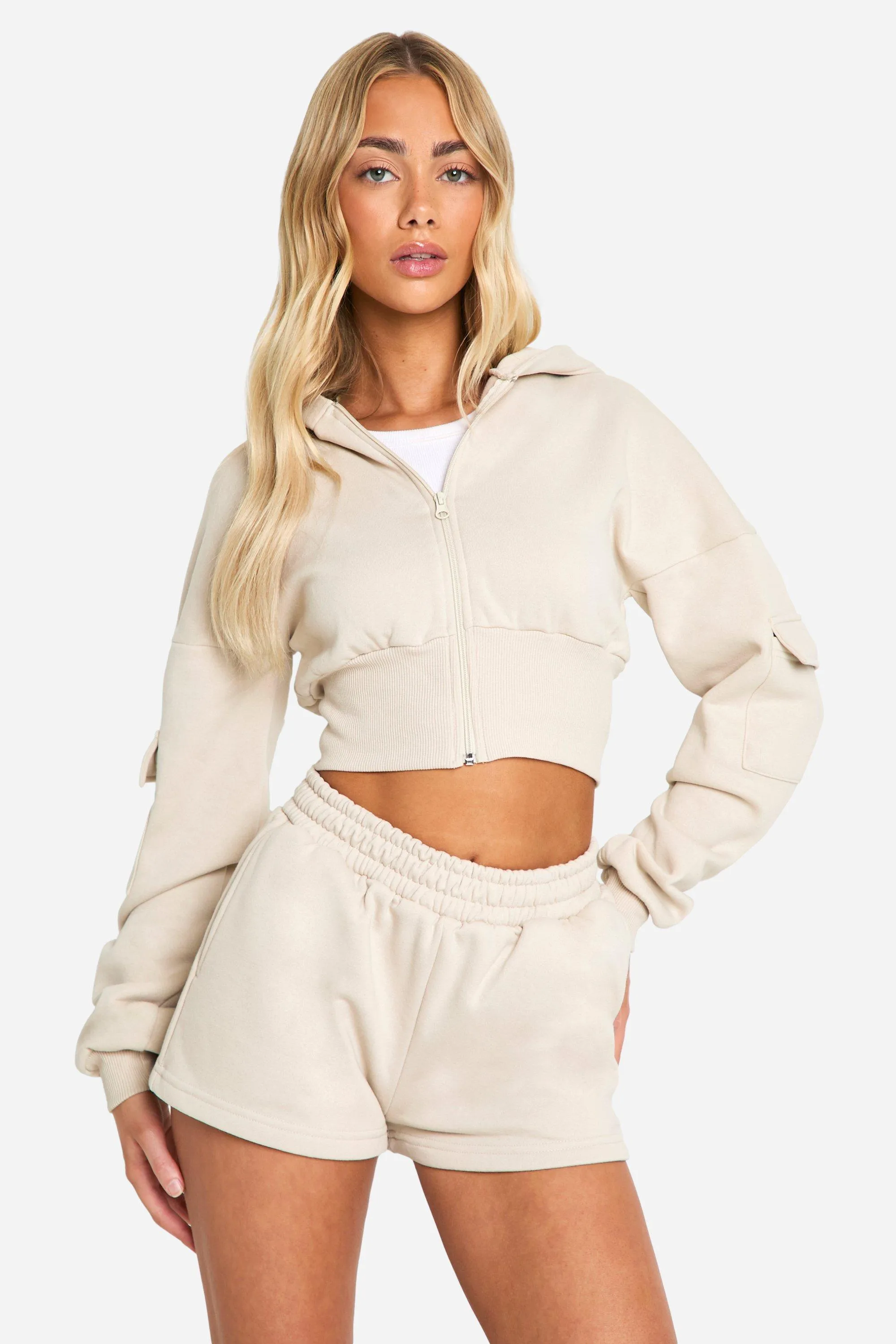 Cargo Pocket Zip Through Hooded Short Tracksuit