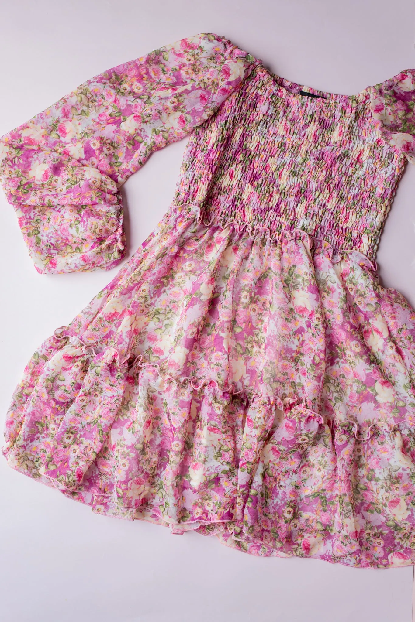 Chiffon Smocked Dress | Fall Pink Floral