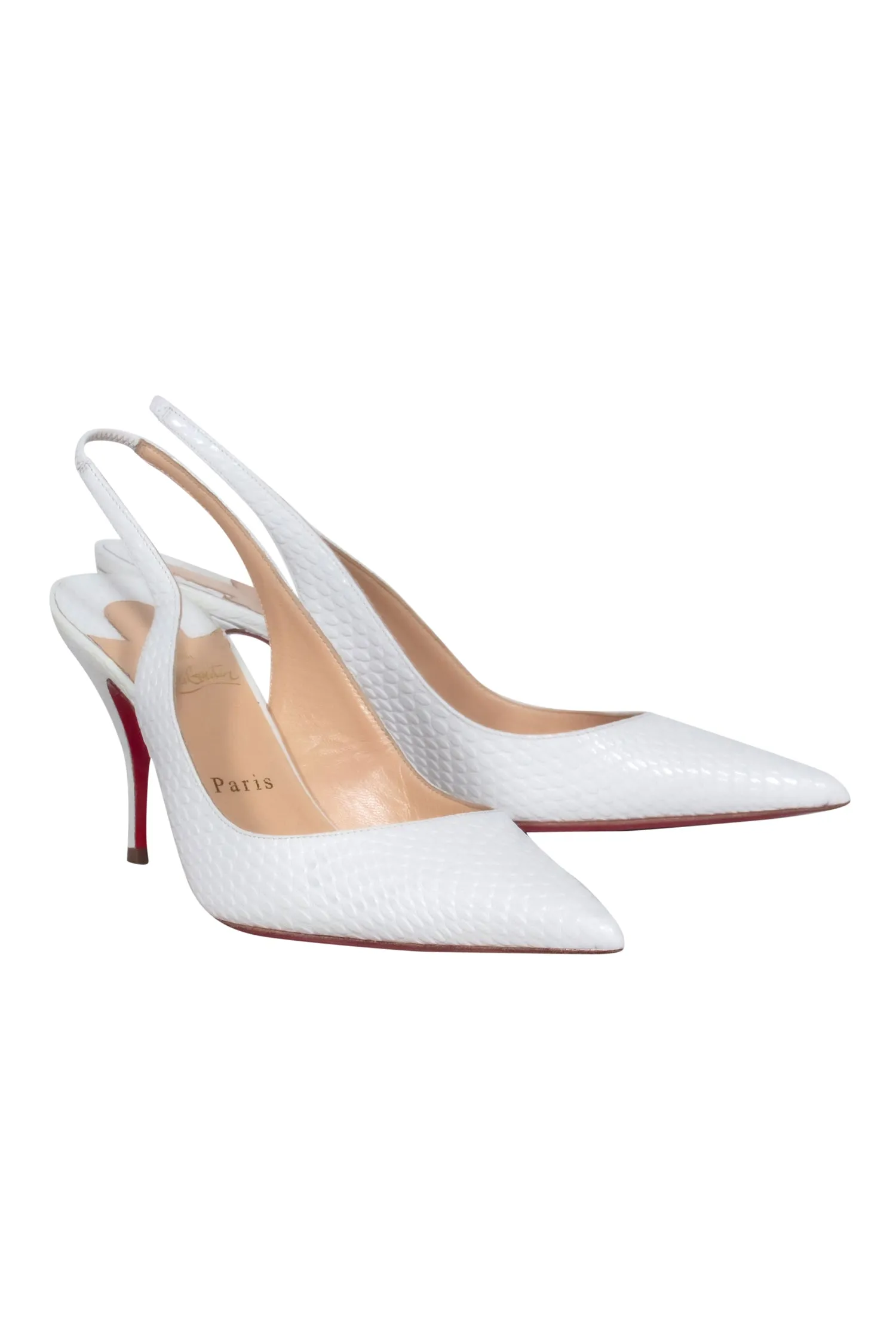 Christian Louboutin - White Reptile Embossed Pointed Toe Slingback Heels Sz 8.5