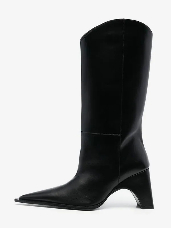 Chunky Heel Black Knee High Boots with Pointed Toe