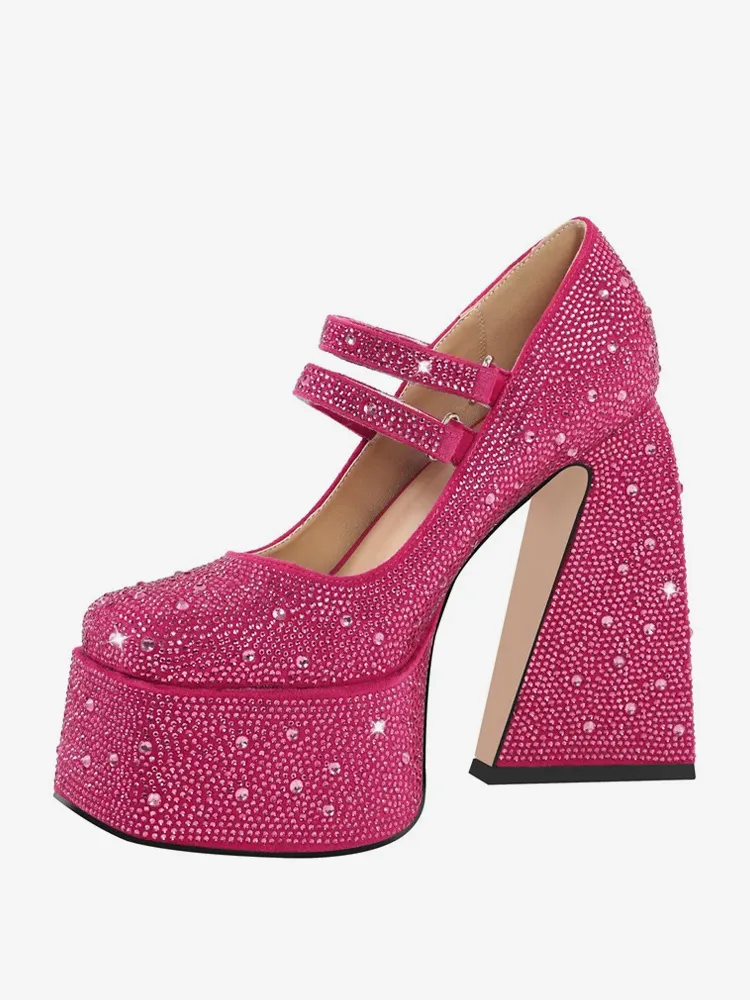 Chunky Heel Platform Pumps with Rhinestones