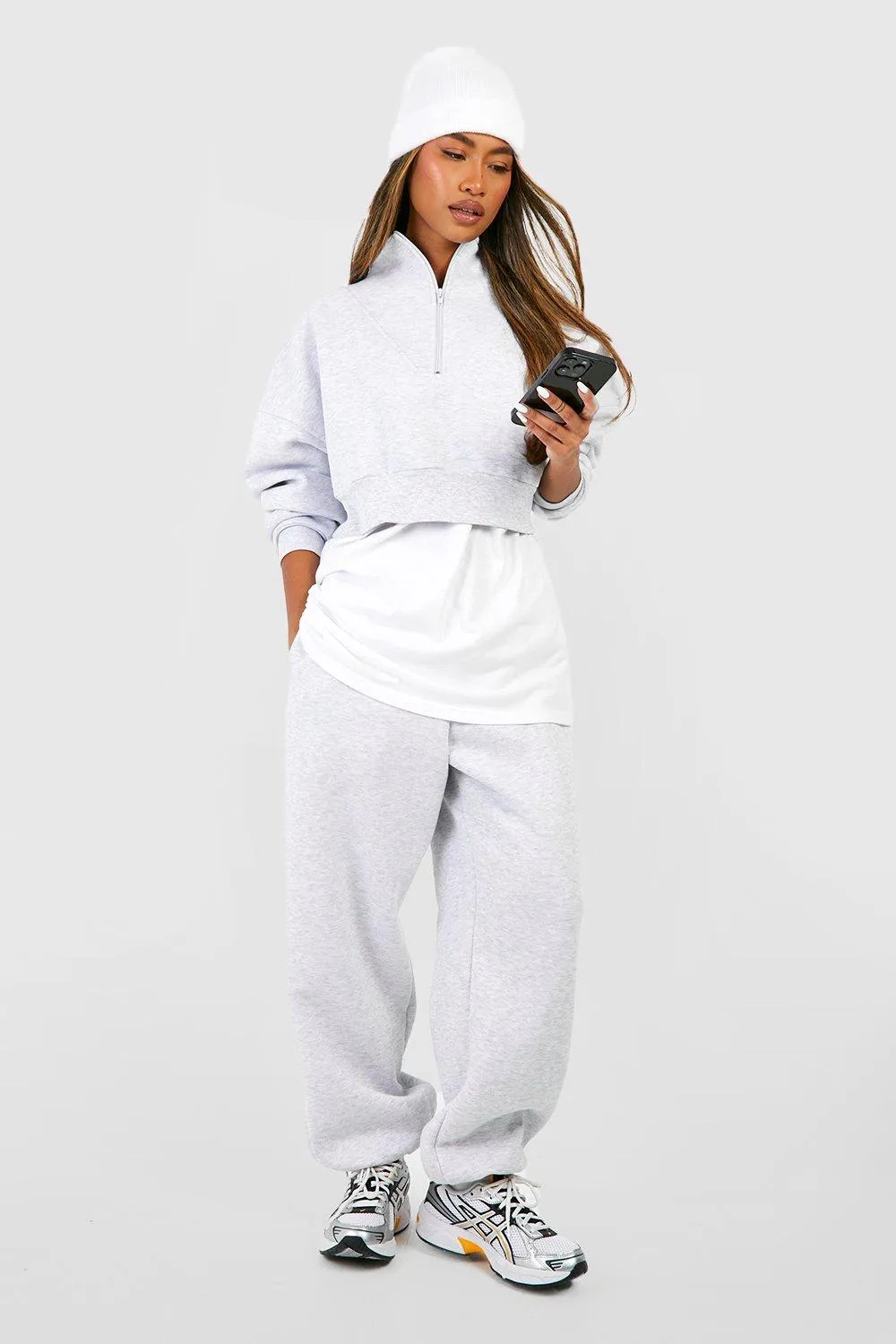 Cropped Half Zip Sweatshirt And Cuffed Jogger Tracksuit