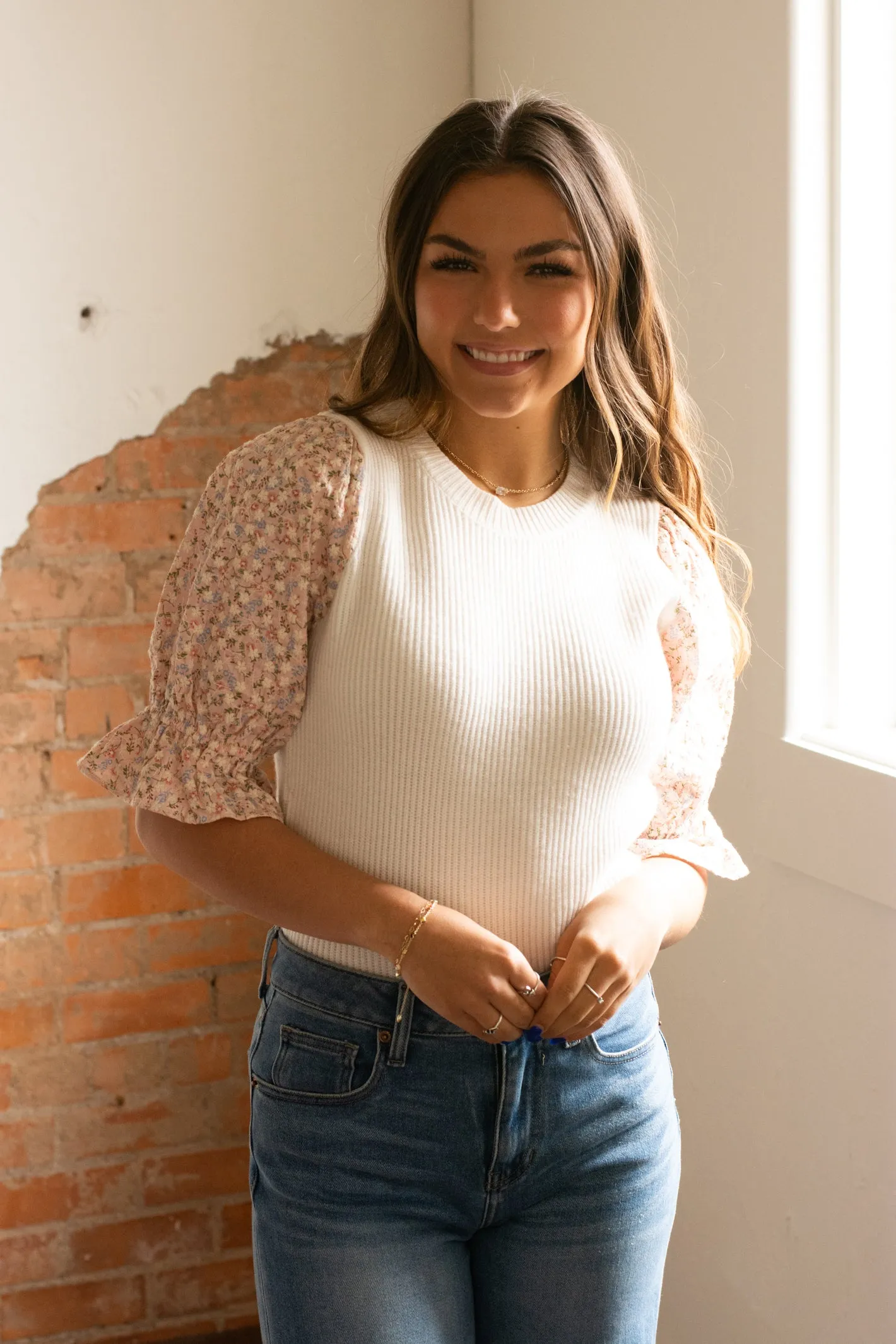 Floral Knit Top with Puff Sleeves