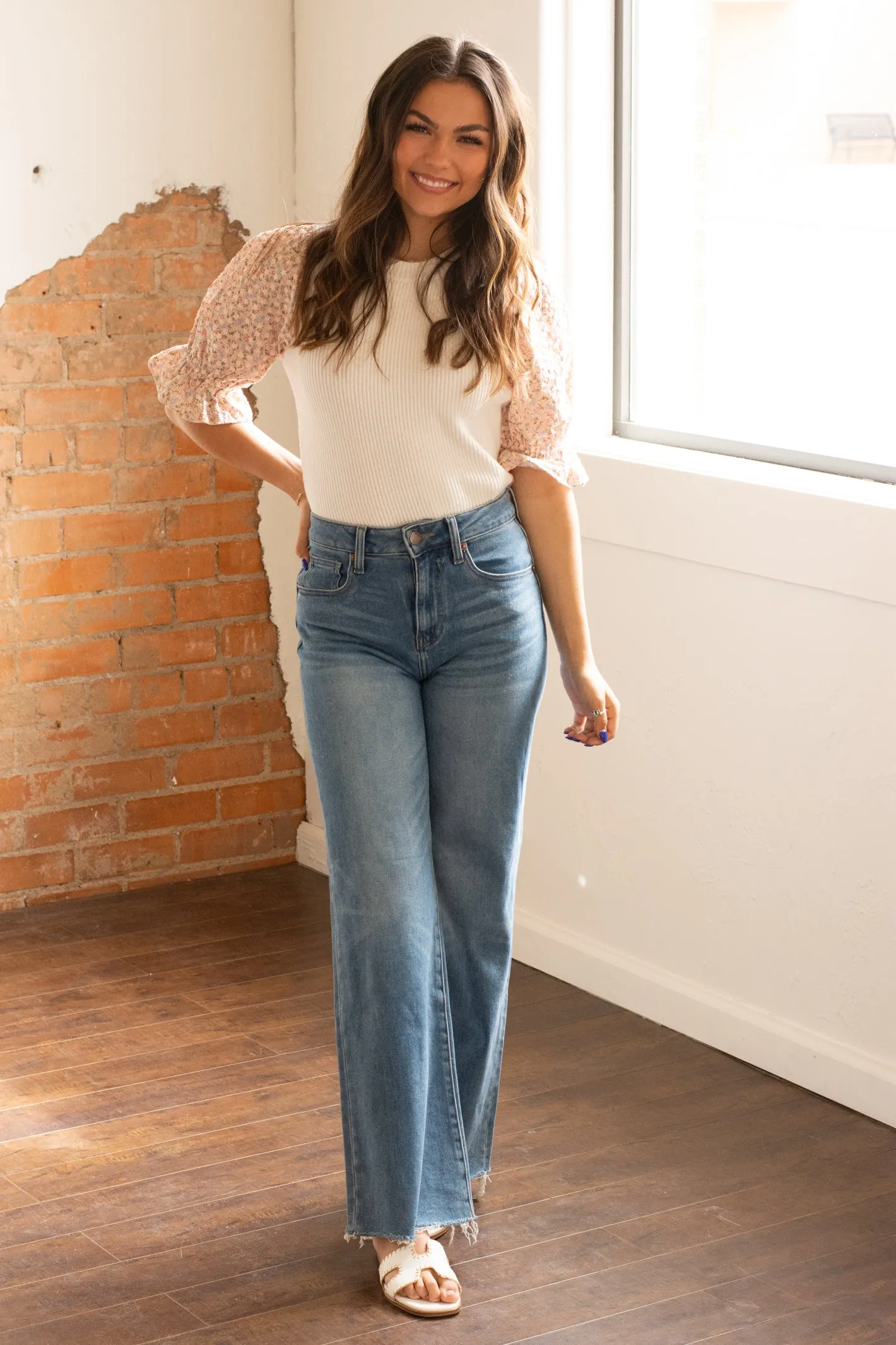 Floral Knit Top with Puff Sleeves