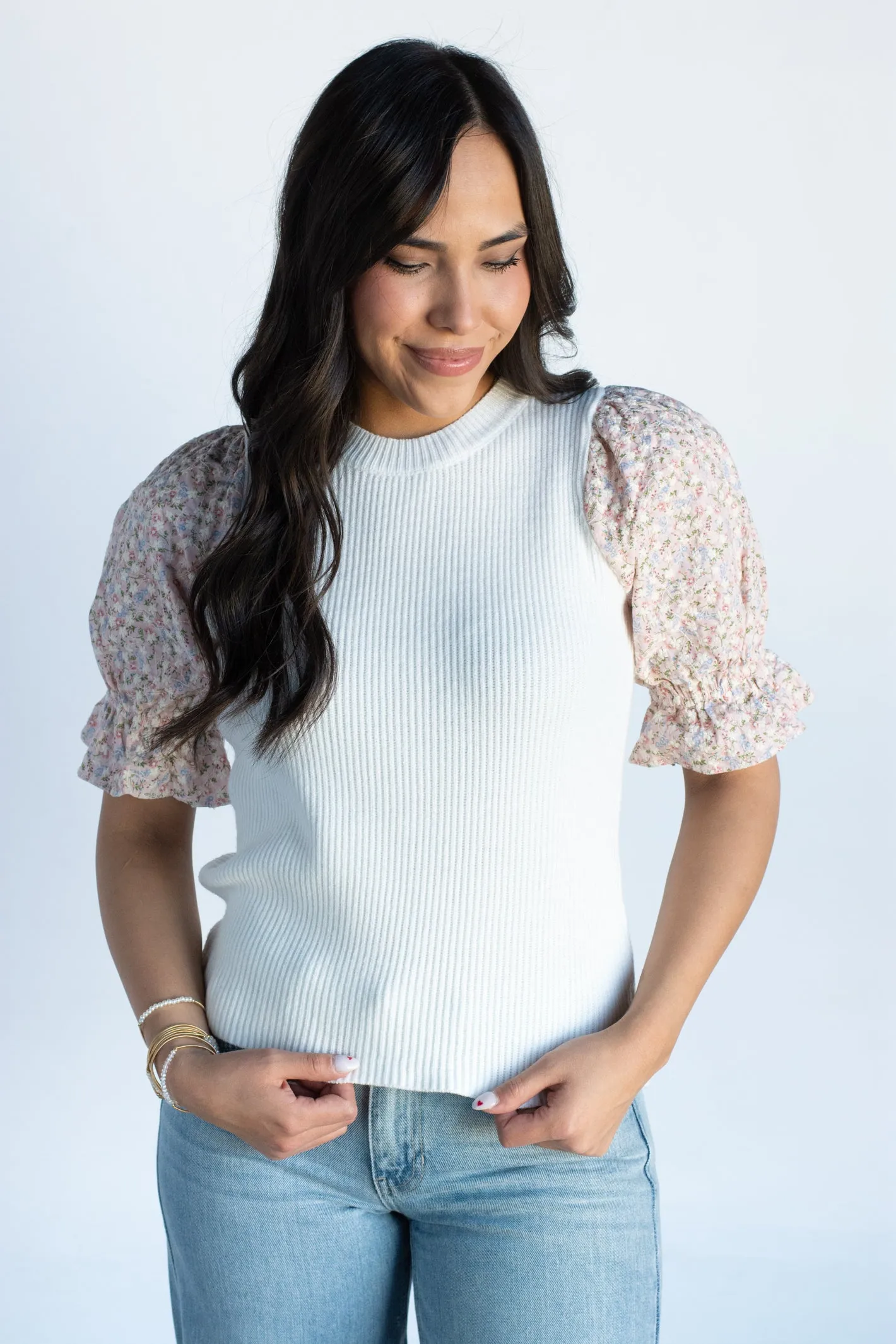 Floral Knit Top with Puff Sleeves