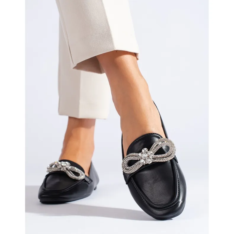 Elegant Women's Black Moccasins with Decoration