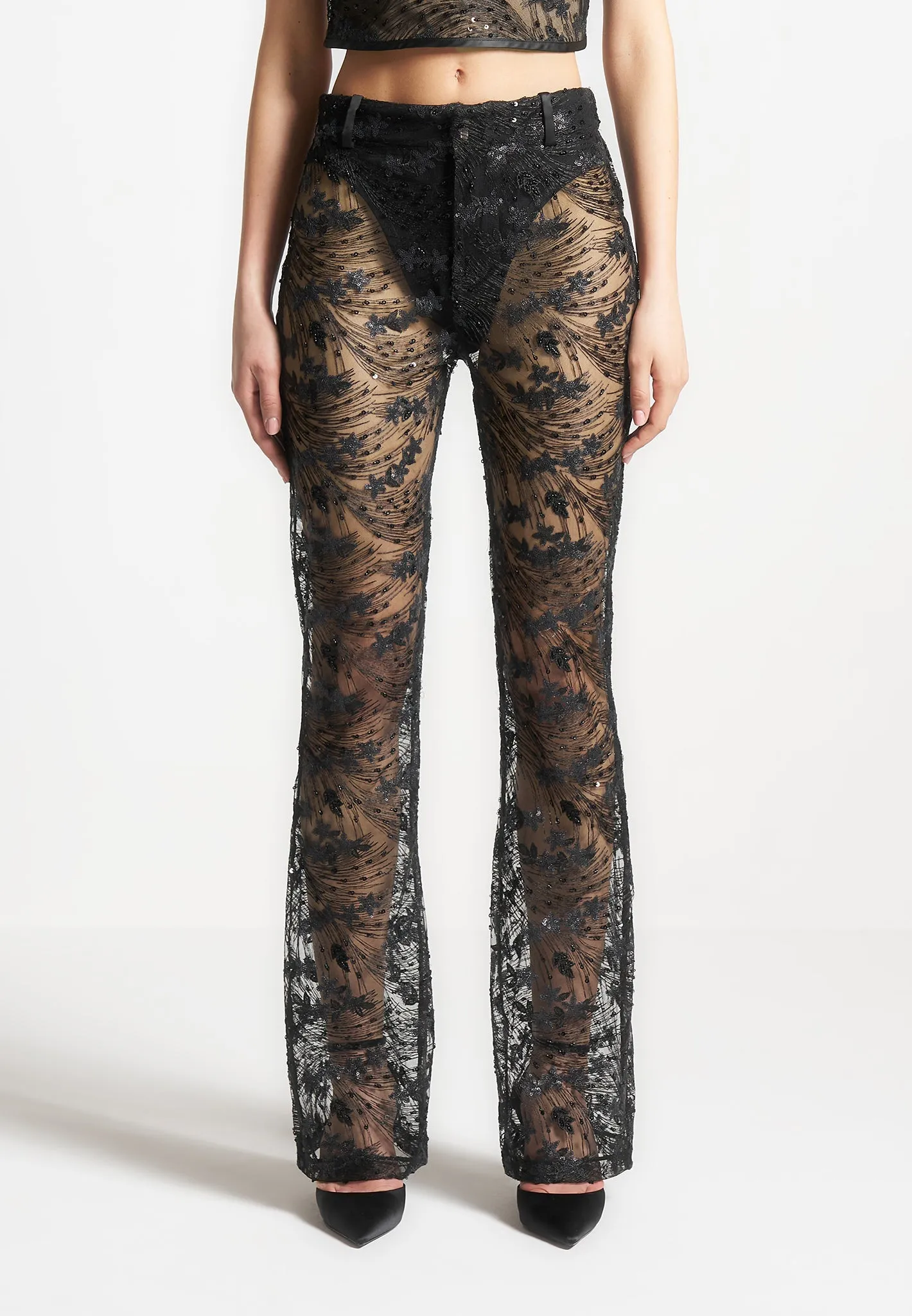 Embellished Lace Fit and Flare Trousers - Black