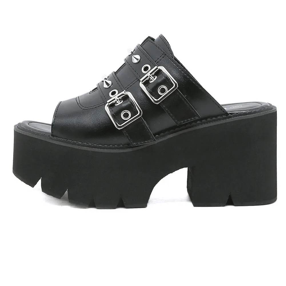 Chunky High Heel Platforms in Black PU Leather