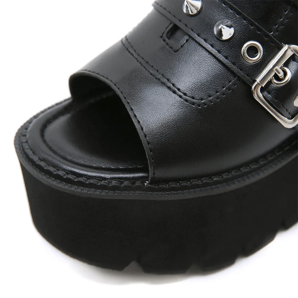 Chunky High Heel Platforms in Black PU Leather